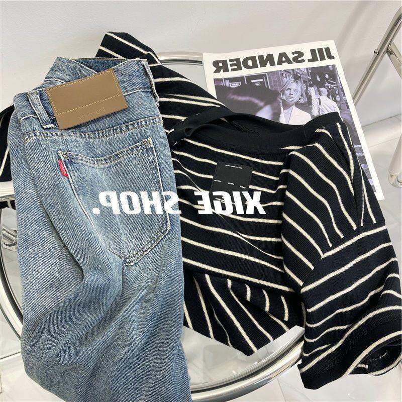 Áo Phông Cộc Tay Họa Tiết Kinh Điển 100% Cotton Jxh Áo Cặp Đôi Thon Gọn Sọc Rộng Mẫu Mới Mùa Hè 202 Cho Nữ 2