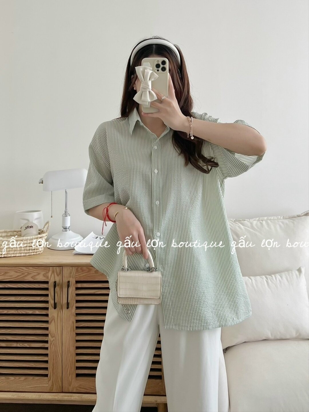 áo sơ mi kẻ sọc dáng rộng chất xốp