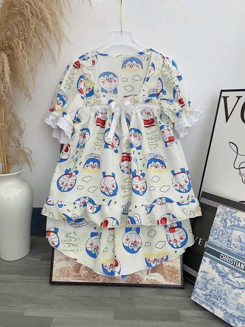 Đồ bộ tiểu thư phối ren chất cotton mềm mặc nhà mát form 40-60kg