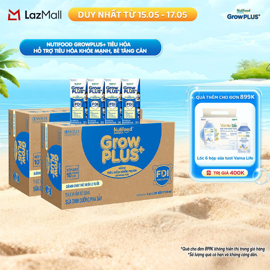 Combo 2 Sữa bột pha sẵn Nutifood Sweden GrowPLUS+ Tiêu Hóa (Xanh Nhạt) 2+ - Hỗ trợ tiêu hóa khỏe mạnh, bé tăng cân (48 hộp x 180ml)