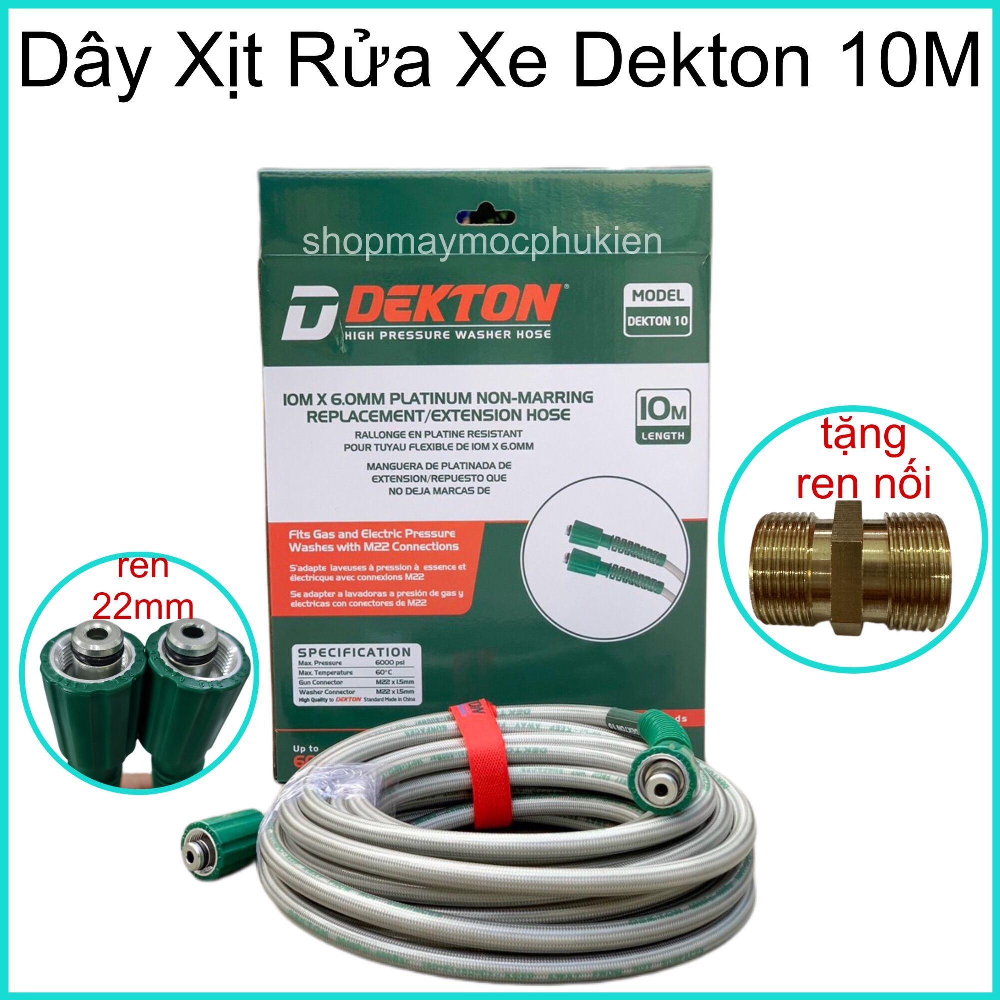 Dây xịt rửa xe cao áp dekton 10m ren 22mm tặng ren nối dây