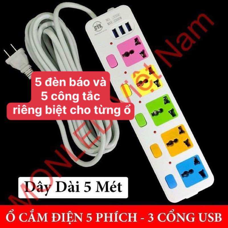 Ổ cắm điện đa năng tích hợp 5 ổ điện và 3 cổng sạc usb, dây dài 5 mét, phích cắm điện chống giật