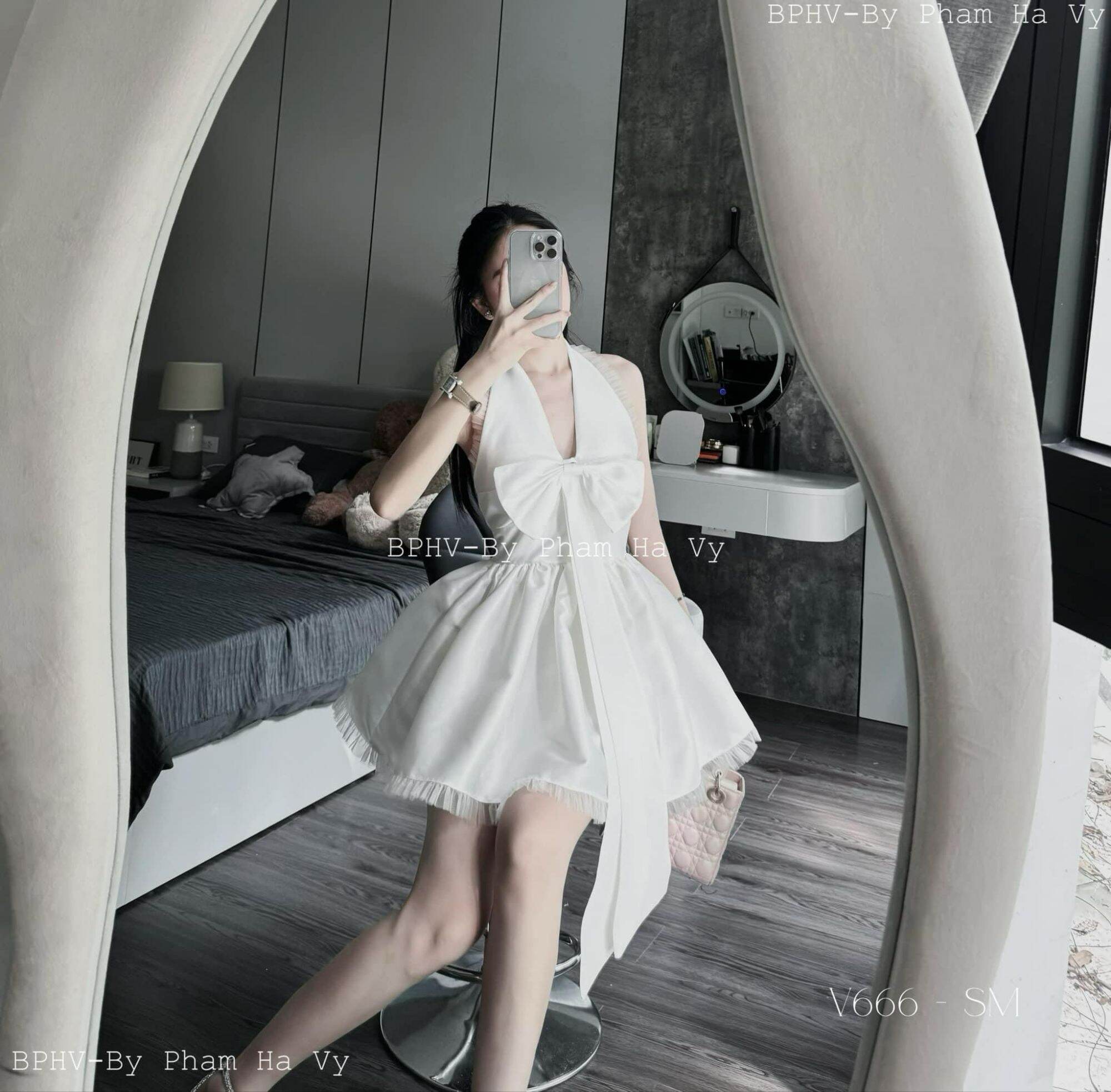 Đầm xòe Tapta nơ lưng ghim đá viền lưới cực xinh cho bạn gái, 3 màu Đen trắng hồng (Váy đầm thiết kế thời trang nữ cực xinh)