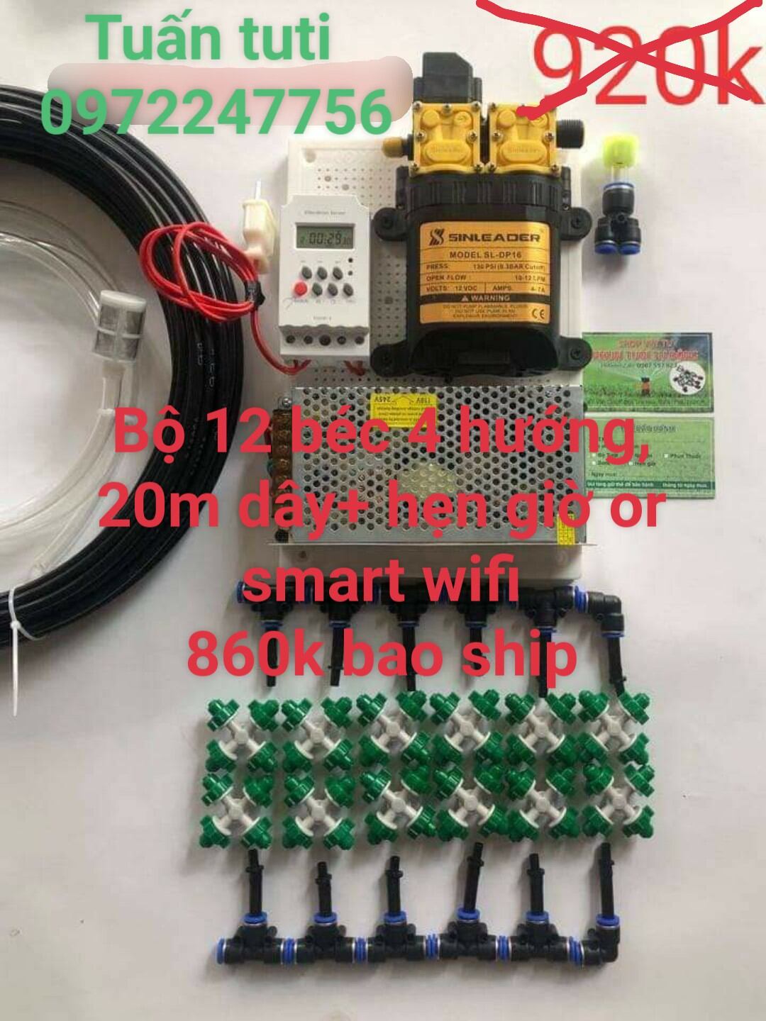 [Đã ráp sẵn] Bộ phun sương tự động bơm đơn, đôi 6 - 20 béc 4 hướng (hẹn giờ, smart wifi bằng điện thoại) Sinleader tưới cây, tưới lan, tưới rau làm mát mái nhà cho giàn lan 10 30m2