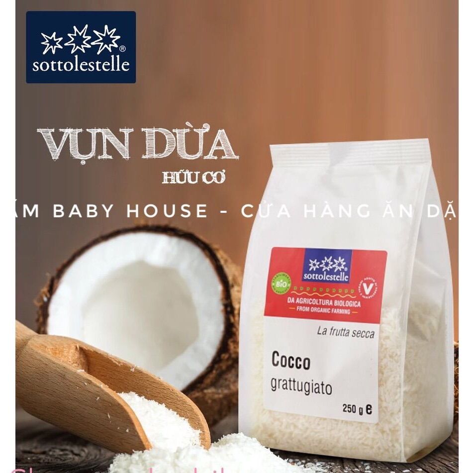 Vụn dừa hữu cơ Sottolestelle Organic Ý làm bánh cho bé ăn dặm và gia đình 250g