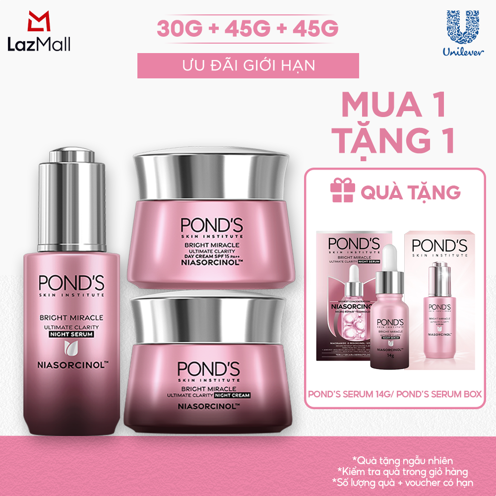 [Combo] Bộ 1 Serum đêm và kem dưỡng sáng da ngày  đêm Pond's Bright Miracle mờ thâm sạm với 50X Niasorcinol 30G+45G+45G