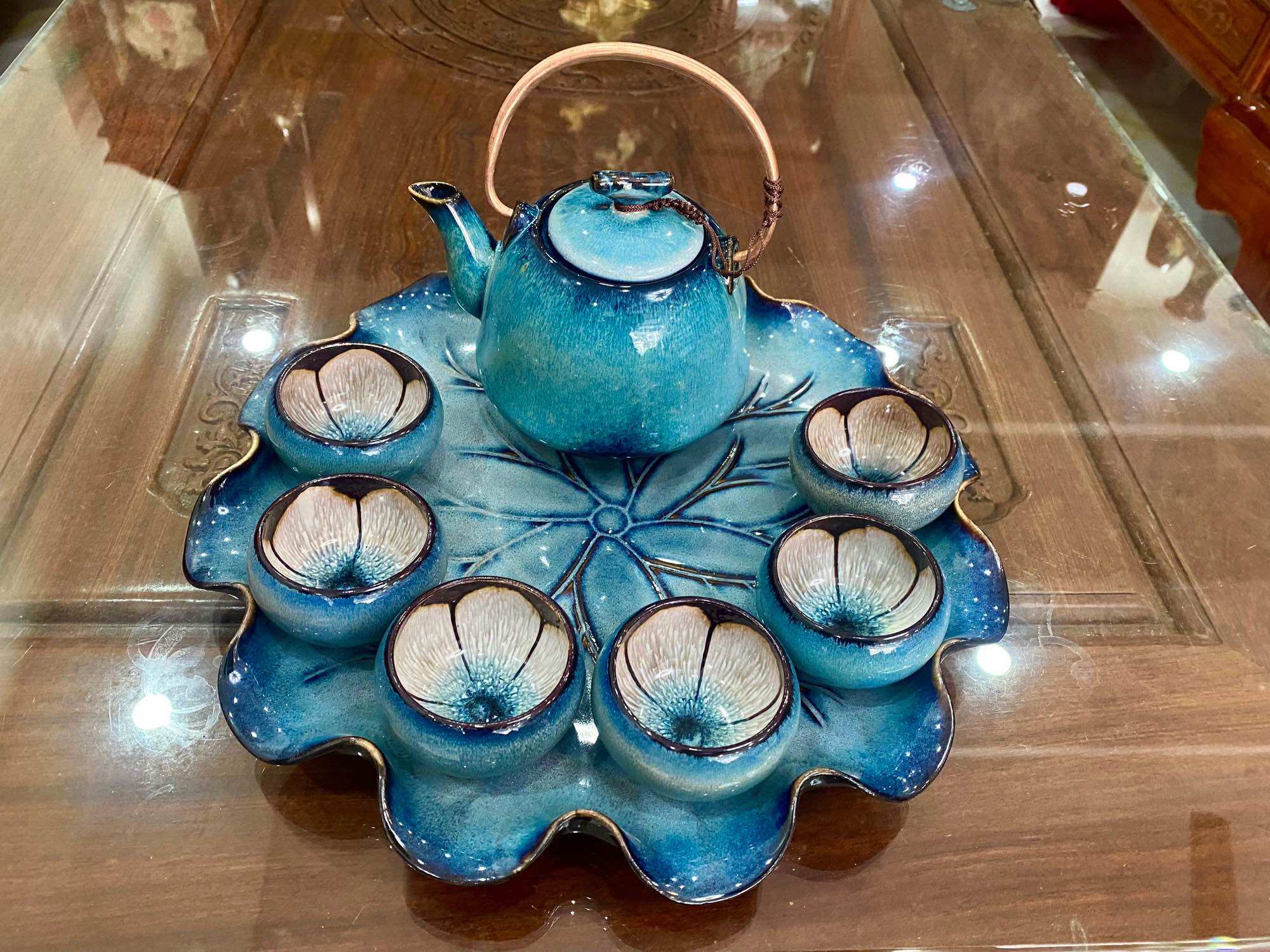 Bộ ấm trà men hỏa biến. Gốm sứ Bát Tràng.