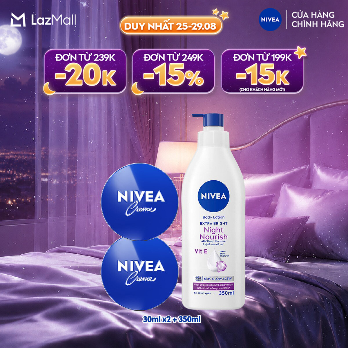 Bộ 02 Kem Dưỡng Ẩm NIVEA Crème (30mlx2) - 80101x2 và Sữa Dưỡng Thể NIVEA Sáng Da Ban Đêm 8 Super Foods (350 ml) – 98412