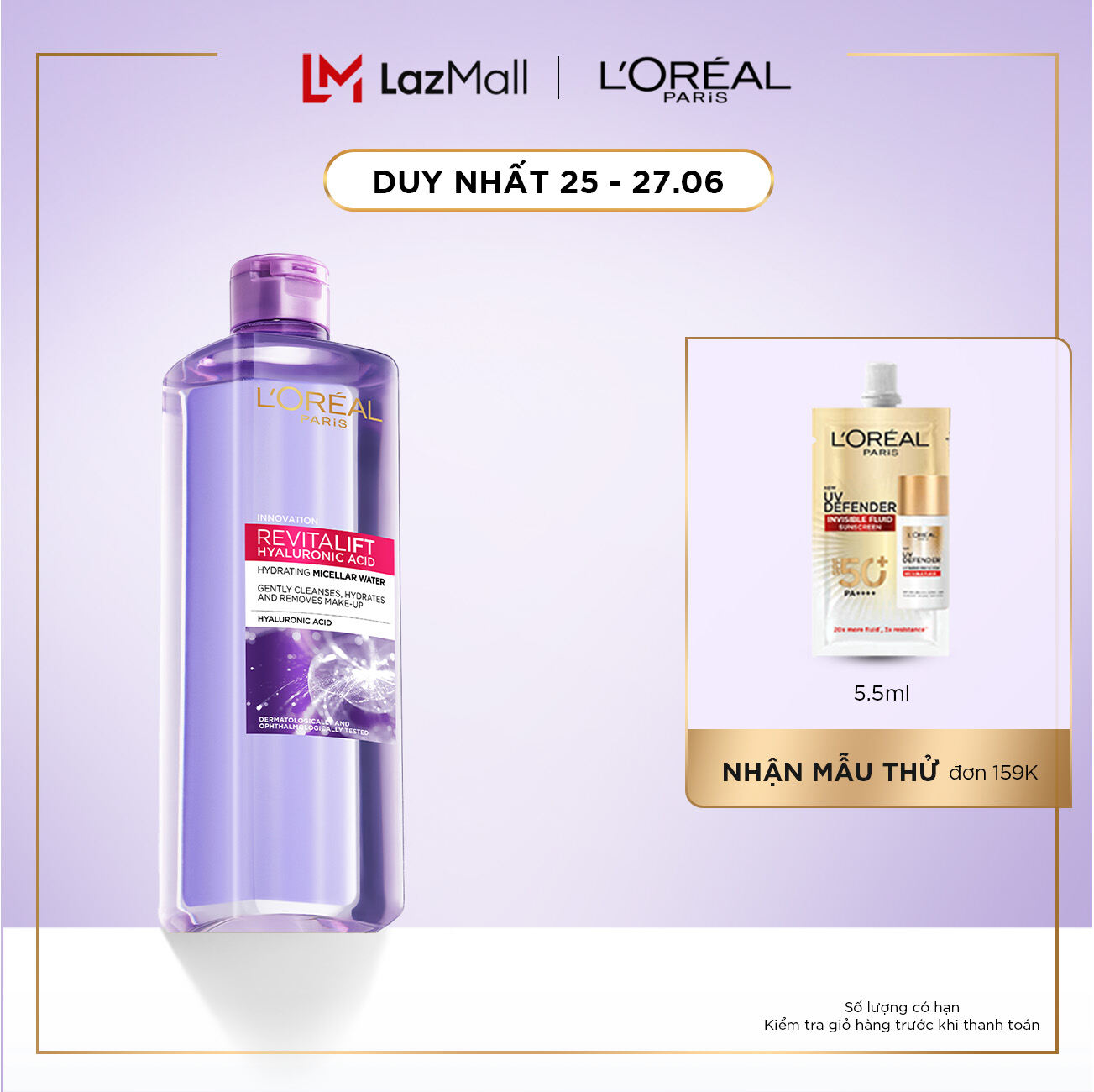 Nước tẩy trang cho mọi loại da L'Oreal Paris 3-in-1 Micellar Water 400ml (HA)