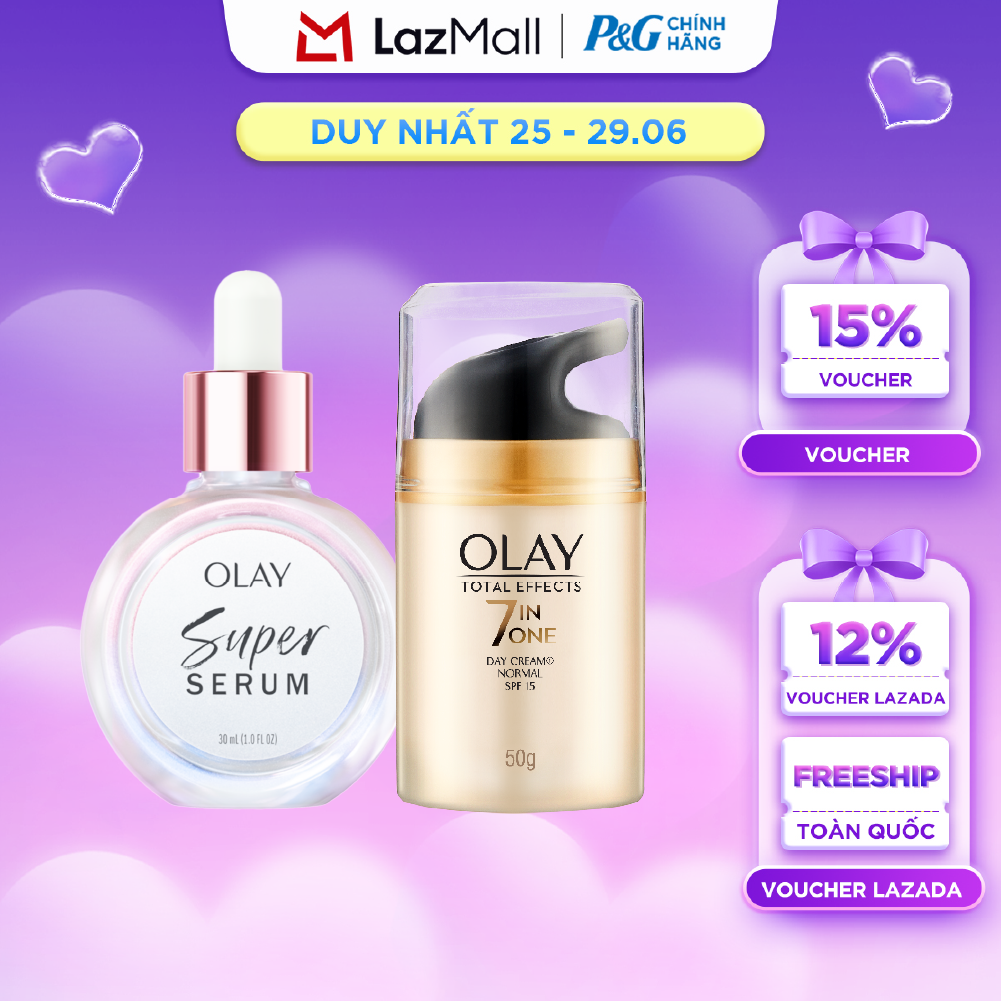 Combo 2 SUPER SERUM OLAY SỨC MẠNH TỪ 5 DƯỠNG CHẤT TRONG 1 - Chai 30ML Và Kem Dưỡng Ẩm OLAY TOTAL EFFECTS Ban Ngày 50G