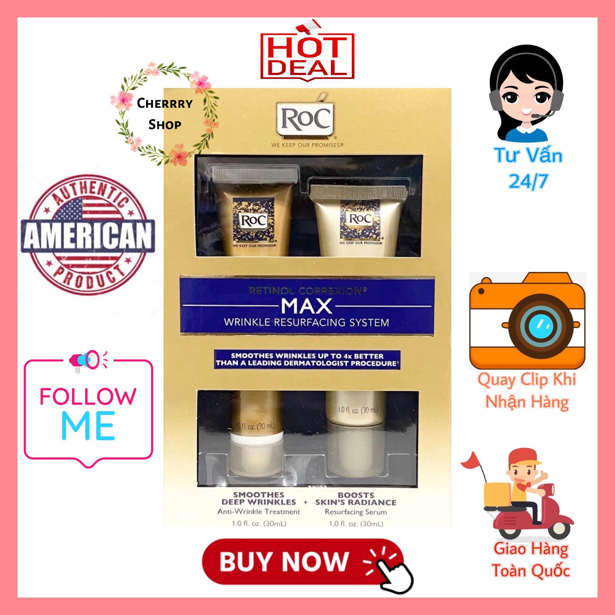 [Hcm][Hàng Pháp]Set Dưỡng Da Chống Lão Hóa Roc Retinol Correxion Max Wrinkle Resurfacing System 2 Món