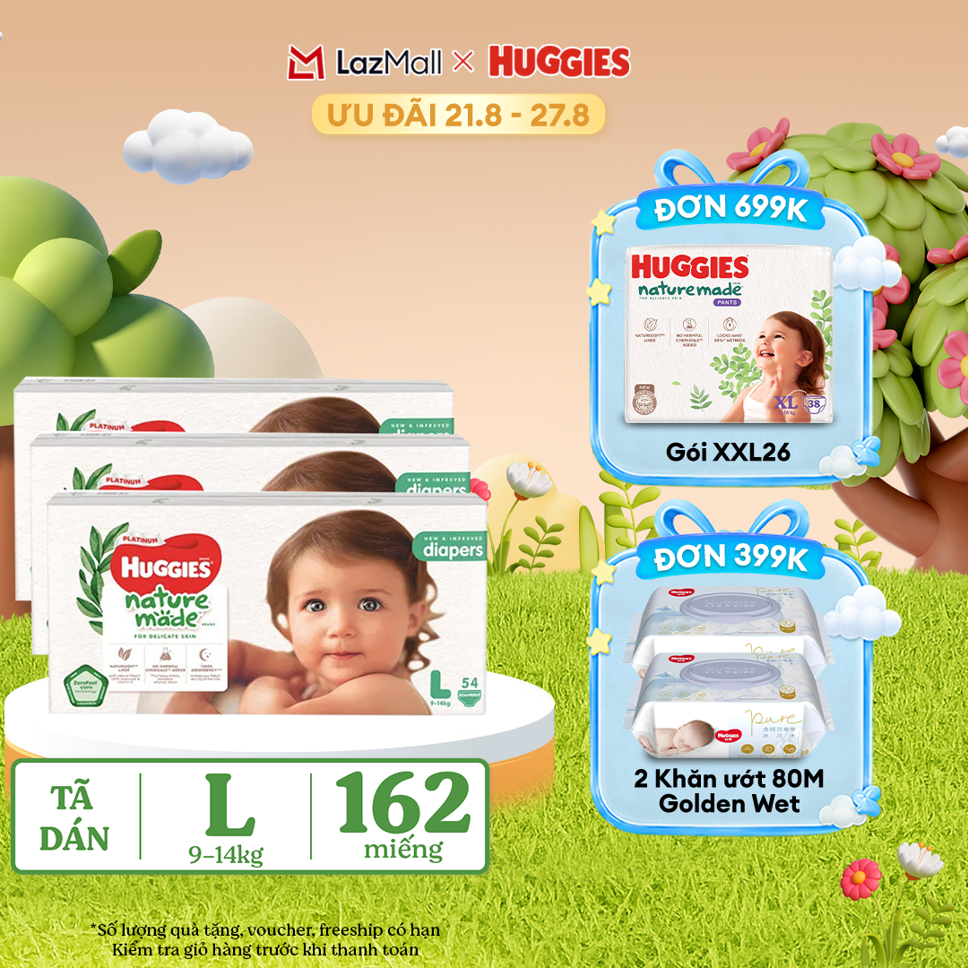 [17-24.08 QUÀ TẶNG ĐƠN 399K] Combo 3 Tã/Bỉm dán HUGGIES PLATINUM NatureMade L54 (9-14kg)-Gói Jumbo 54 miếng