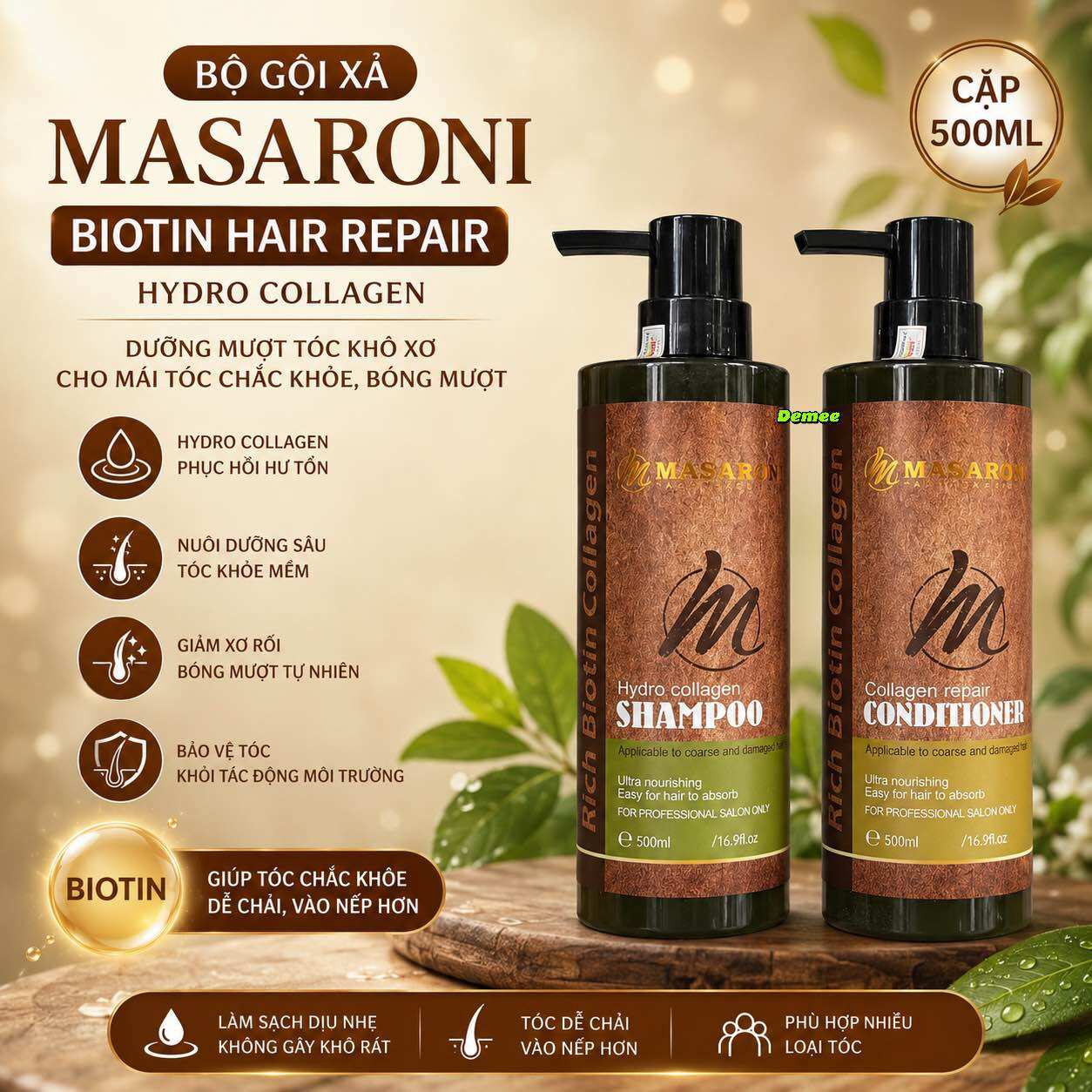 Bộ Gội Xả Masaroni Biotin Hair Repair 500ml x2 Hydro Collagen Dưỡng Mượt Tóc Khô Xơ