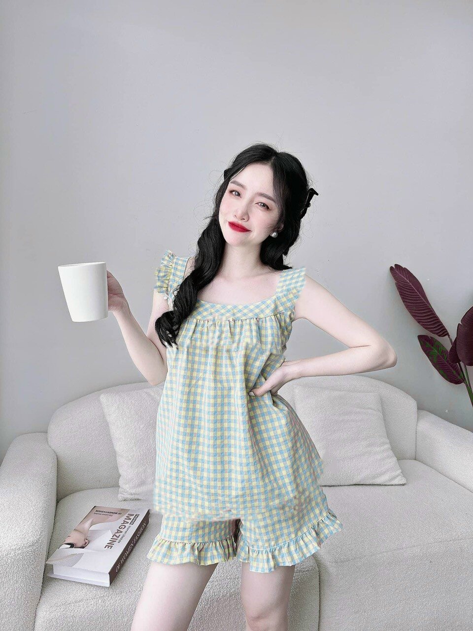 [HCM]Đồ bộ đùi cho nữ mặc nhà vải lụa sọc caro mềm mát - M05