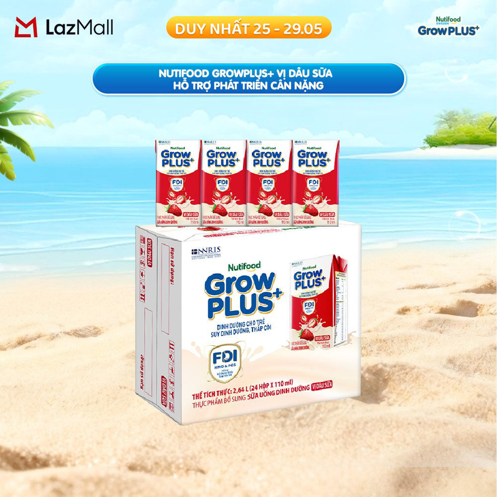 Thùng 24 hộp Sữa bột pha sẵn Nutifood GrowPLUS+ Vị Dâu Sữa hộp 110ml - Hỗ trợ phát triển cân nặng - (24 hộp x 110ml)
