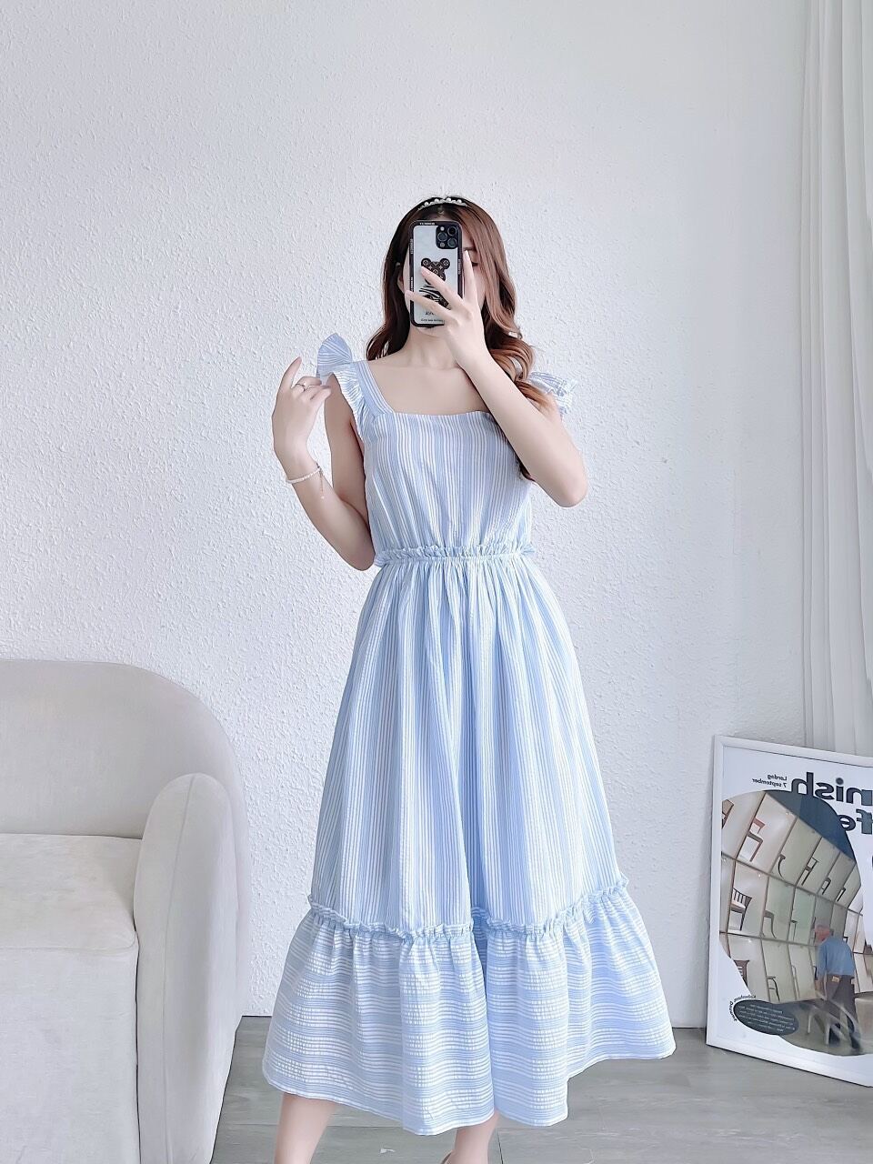 Đầm midi đũi xanh cam vnxk