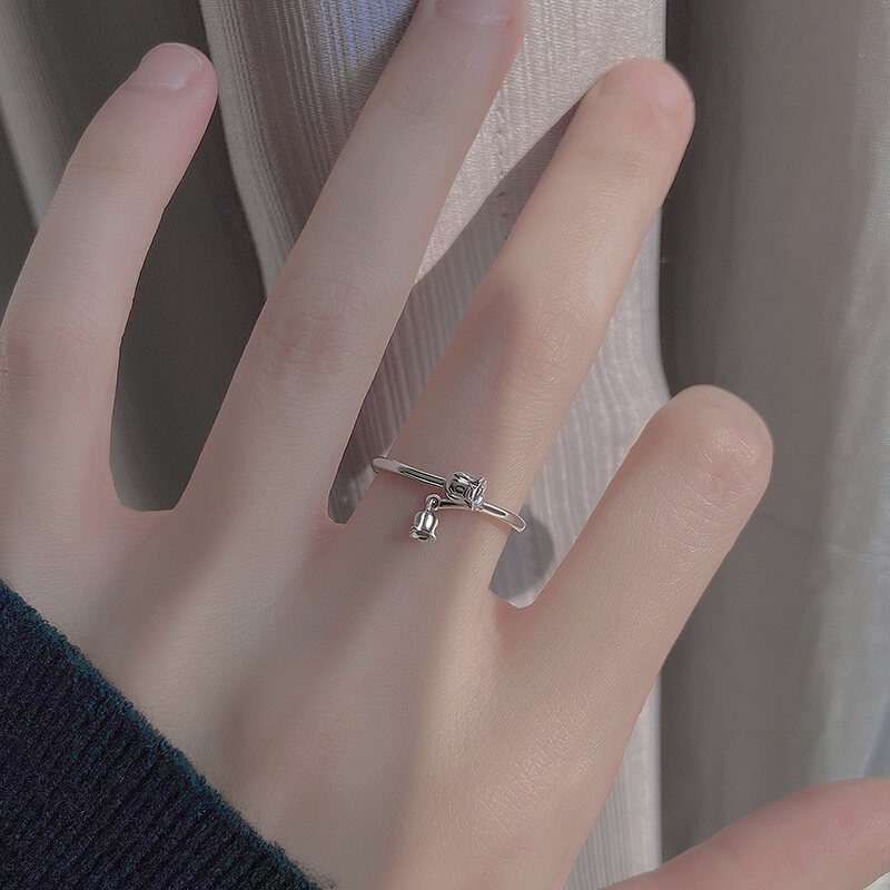 Nhẫn Lan Chuông Bạc Nguyên Chất 925 Nhẫn Ngón Trỏ Khí Chất Hơi Xa Xỉ Cảm Giác Cao Cấp Thiết Kế Thiểu Số Nữ Sinh Nhẫn Ngón Trỏ Hở Nhẫn Ngón Út
