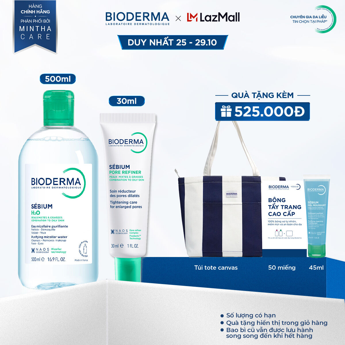 Bộ làm sạch Micellar cho da hỗn hợp và da dầu Bioderma Sebium H2O 500ml và Kem dưỡng se lỗ chân lông Pore refiner 30ml