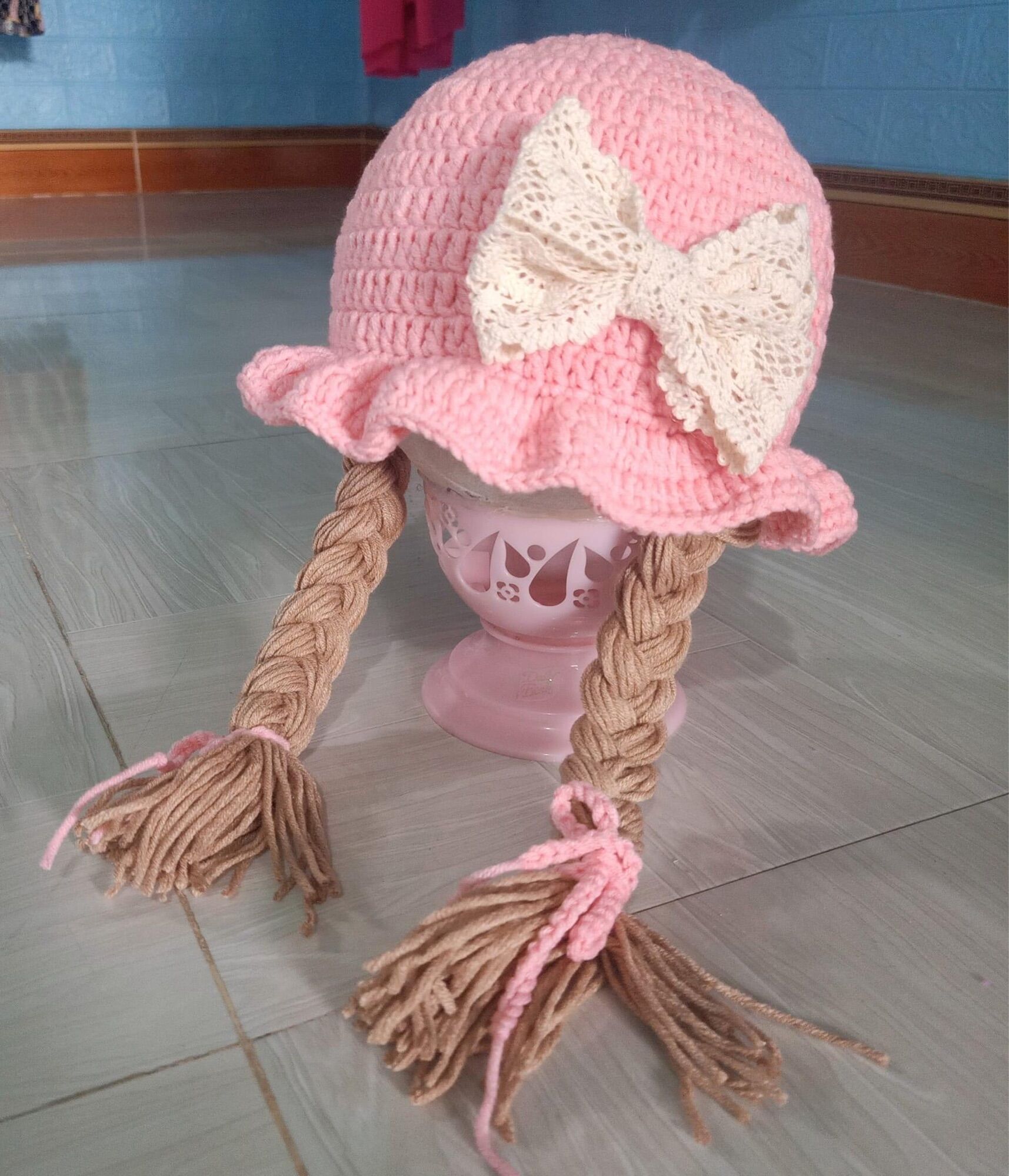Nón giả tóc bím nơ ren