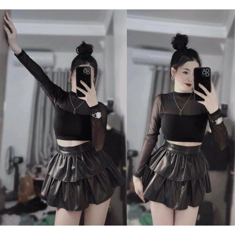 Ó CROPTOP TAY DÀI PHỐI LƯỚI CỰC ÔM AL123