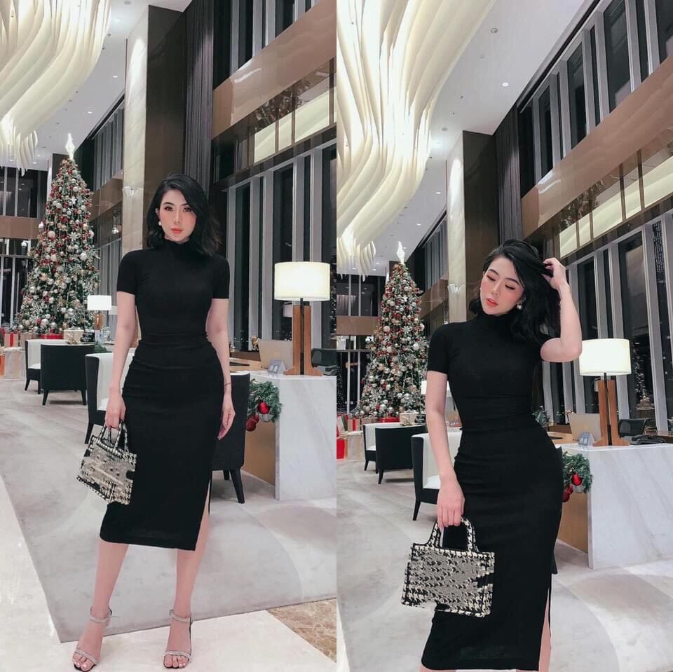 Đầm body cổ lọ tay ngắn xẻ tà.