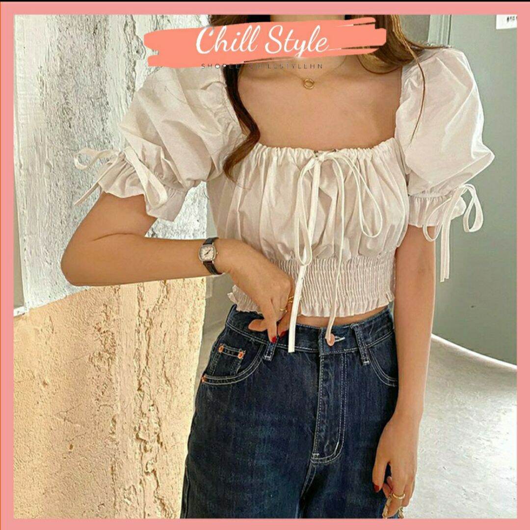 Áo sơ mi nữ tay bồng dáng croptop, áo croptop trễ vai nơ ngực ulzzang A02 Chillinstore