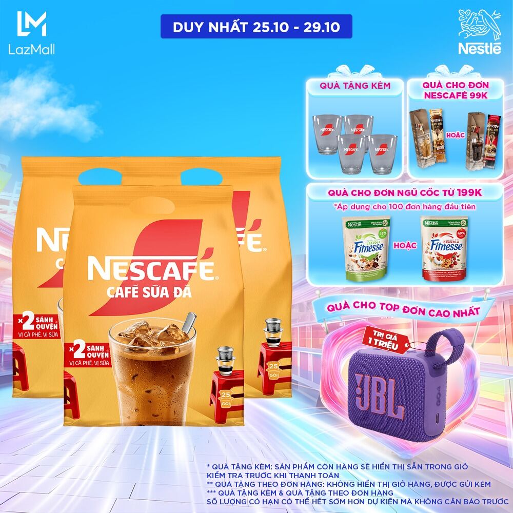 [QUÀ TẶNG THÁNG 10 - Mua 1 tặng 1 Bộ 4 ly thủy tinh NESCAFE] [FREESHIP HCM & HN] Combo 3 bịch cà phê sữa Nescafé cà phê sữa đá (Bịch 25 gói x 24g)