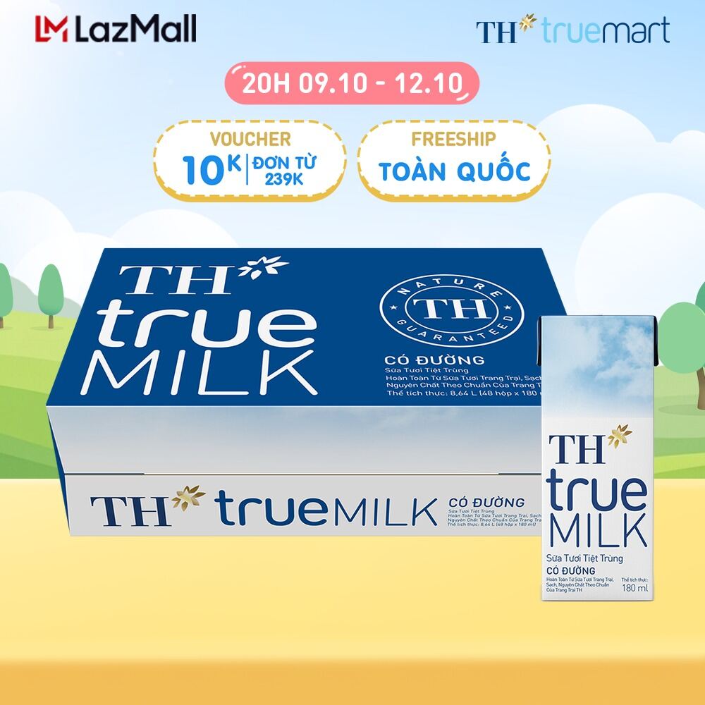Thùng 48 hộp sữa tươi tiệt trùng TH true MILK có đường 180 ml (180 ml x 48)