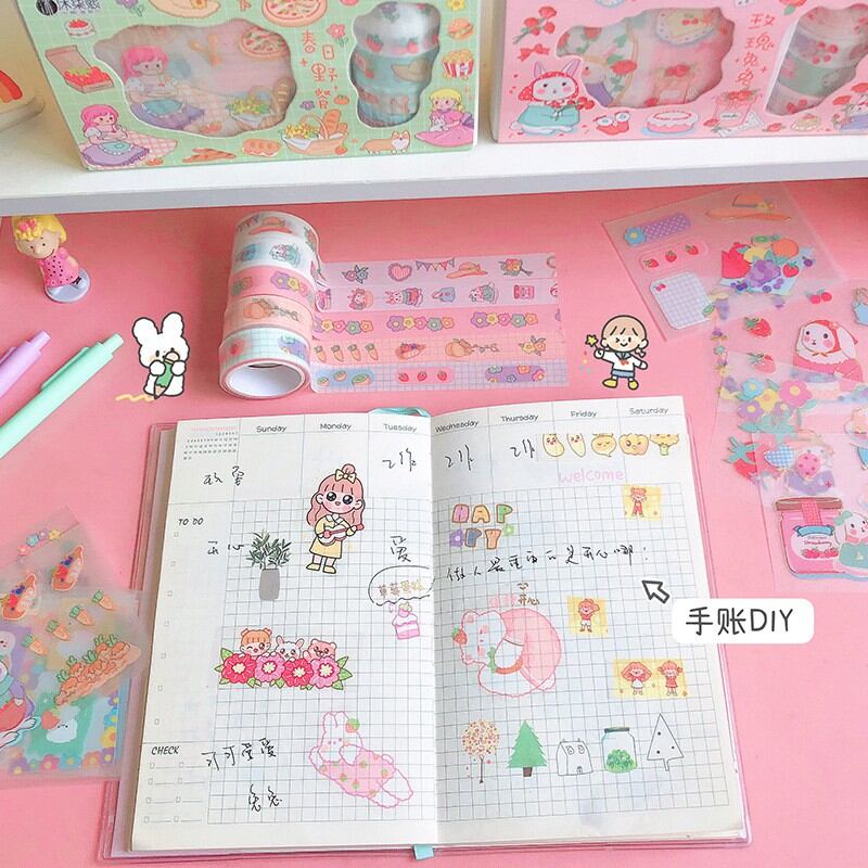 Hộp 5 cuộn Washi + 10 miếng stickers dễ thương