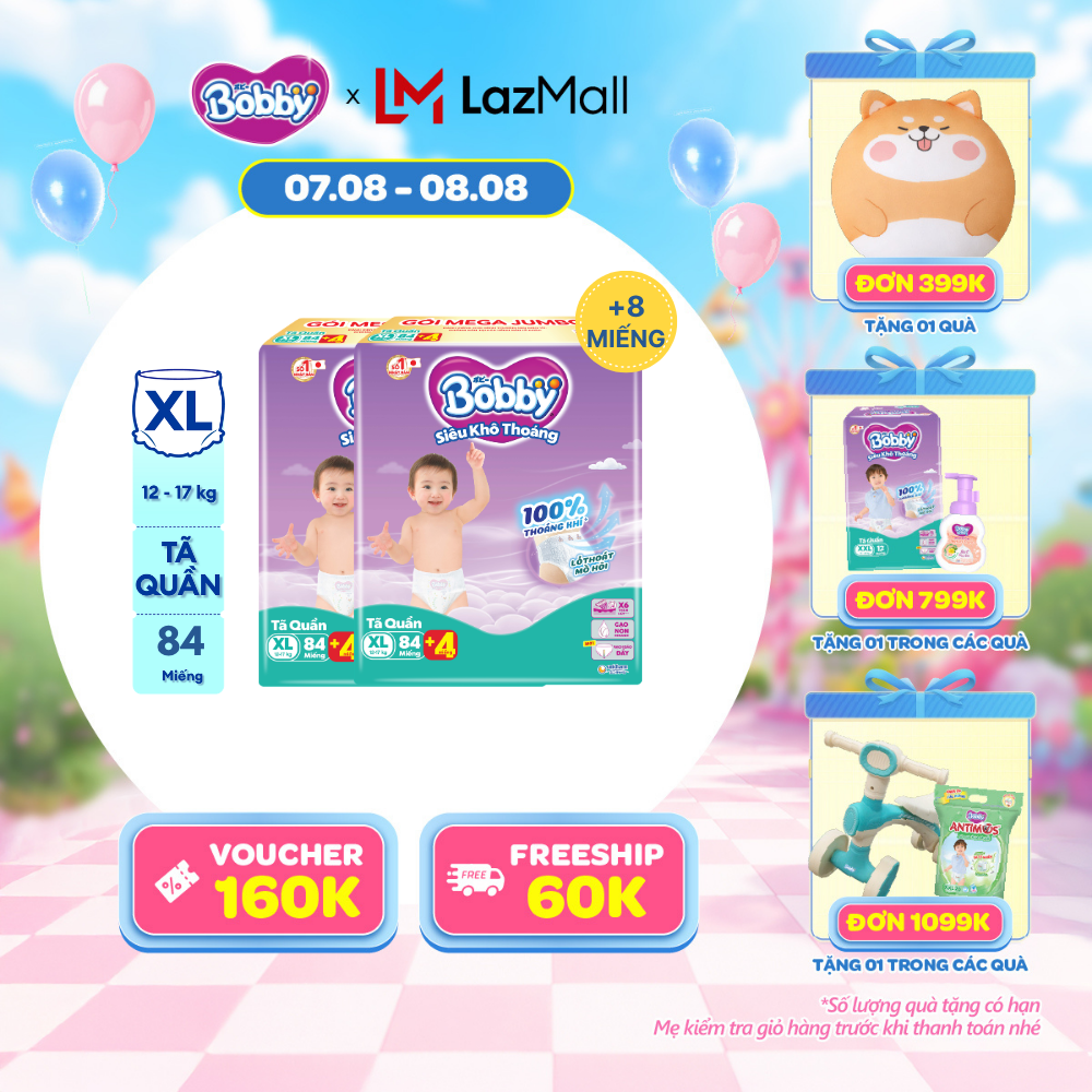 [20g 7-10.8 QUÀ TO][TẶNG MIẾNG NGẪU NHIÊN] Combo 2 Tã/bỉm quần Bobby 3mm Mega Jumbo Siêu khô thoáng XL84