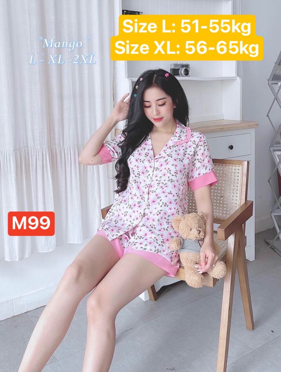Đồ bộ pijama lụa mango quần đùi size L- XL ( 50-65kg )- Thoi trang nale