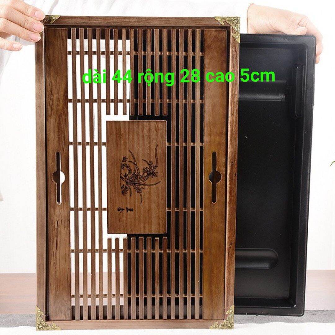 Khay tre,khay ấm trà bọc viền đồng cao cấp 48x28x5.5cm