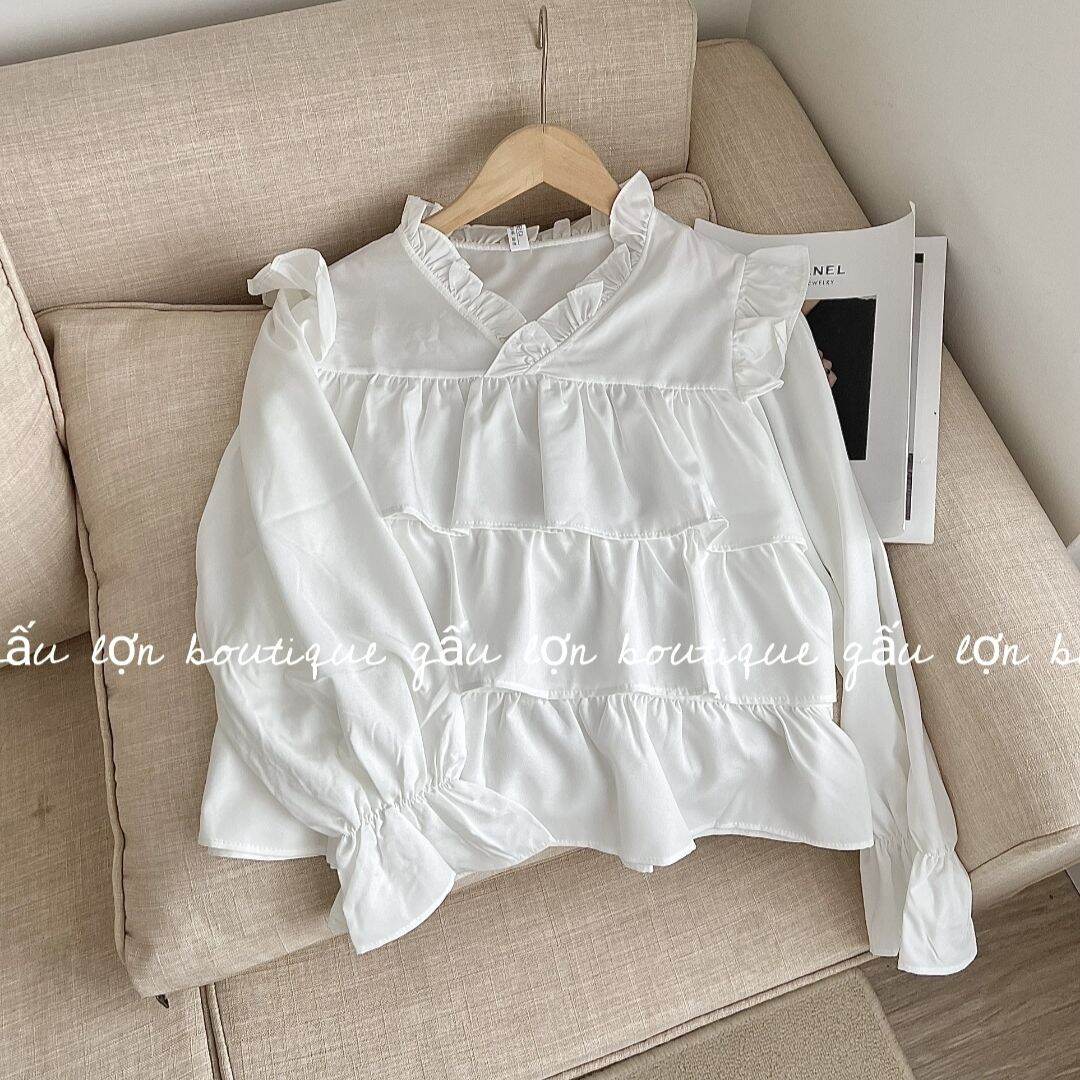 áo babydoll cổ v bèo 3tầng tiểu thư