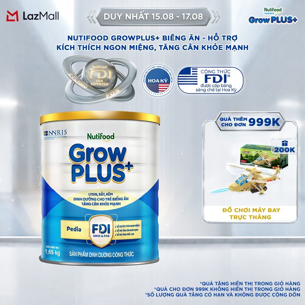 Sữa Bột Nutifood GrowPLUS+ Biếng Ăn (Xanh) - Hỗ Trợ Kích Thích Ngon Miệng, Tăng Cân Khỏe Mạnh (Lon 1,65 Kg)