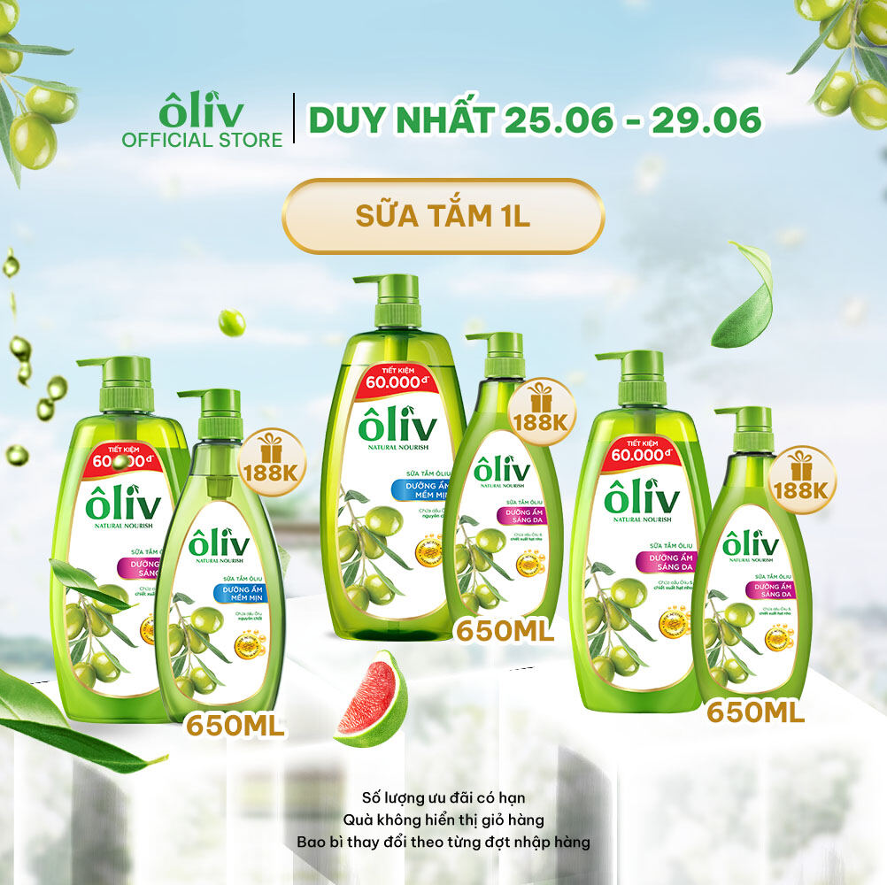 [MUA 1 TẶNG 1] Combo Sữa Tắm Ôliv Dưỡng Ẩm 1L + Tặng Sữa Tắm Ôliv Dưỡng Ẩm Mềm Mịn 650ML