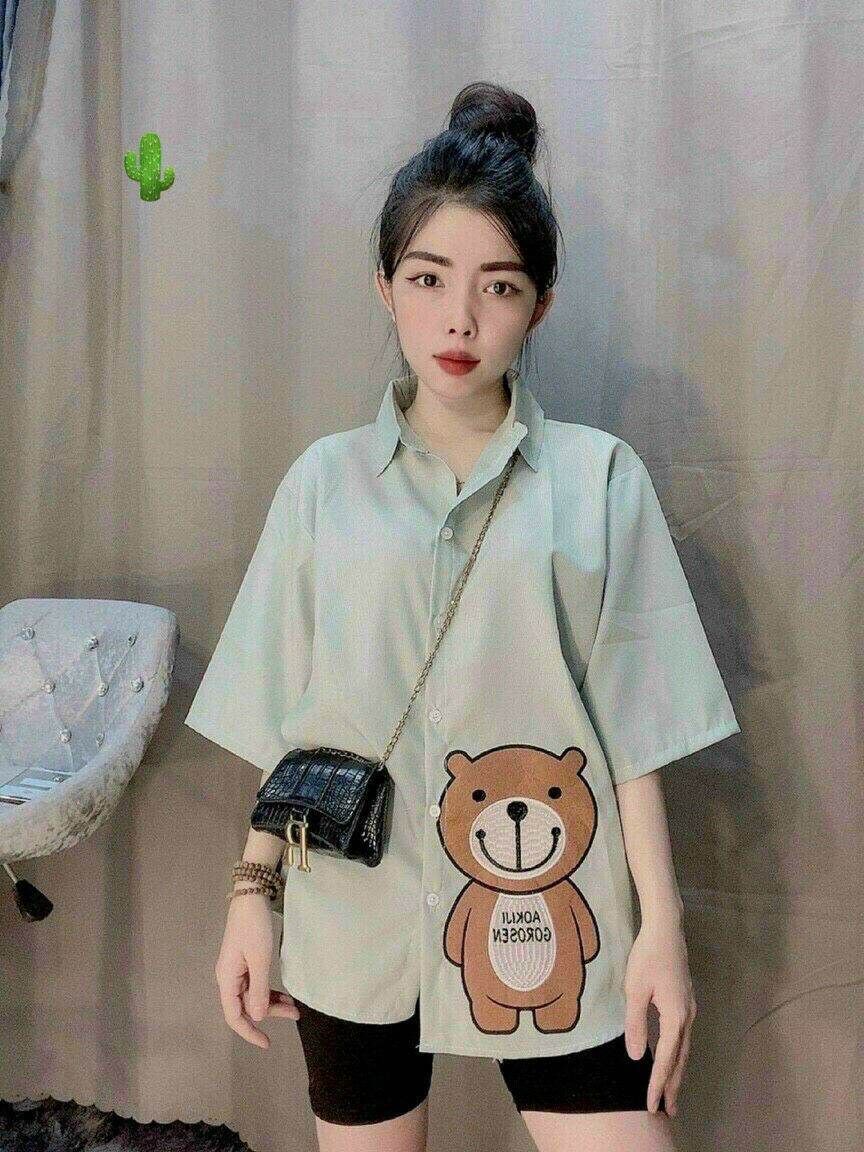 Áo sơ mi thêu gấu nguyên con nổi