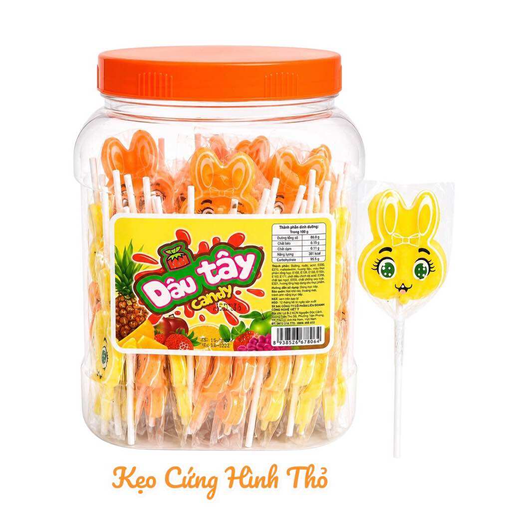 Kẹo mút Dâu Tây Candy (Hủ 50 cây) hình thỏ, hình ngôi sao, hình que kem Vị trái cây ngọt thơm