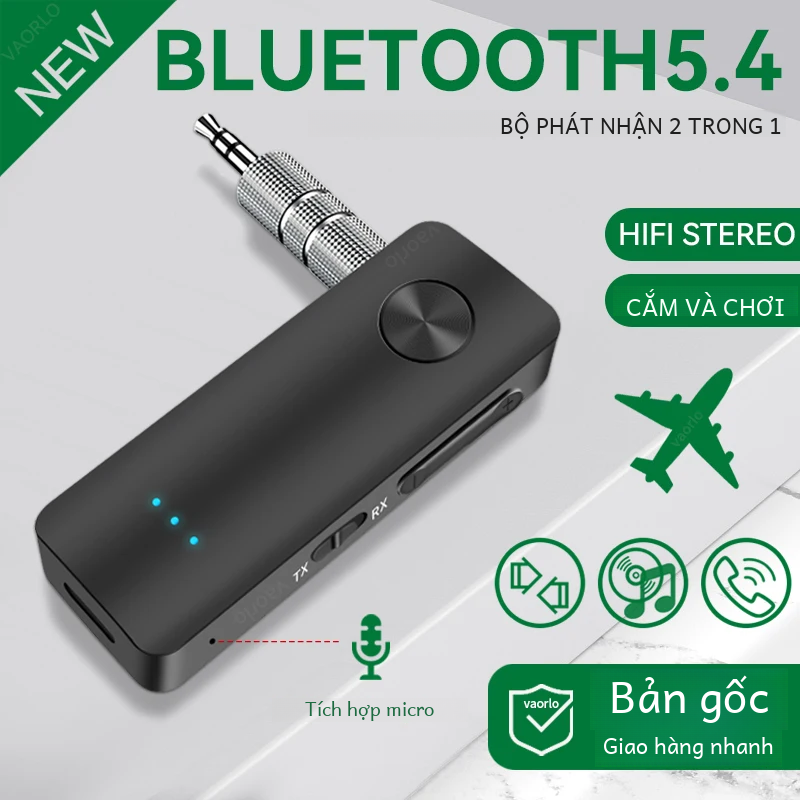 Bộ thu âm thanh Bluetooth 5.4 2 trong 1 Bộ chuyển đổi không dây âm thanh nổi Hifi với cổng Aux 3,5 mm và Mic cho xe hơi, máy bay, loa máy tính TV