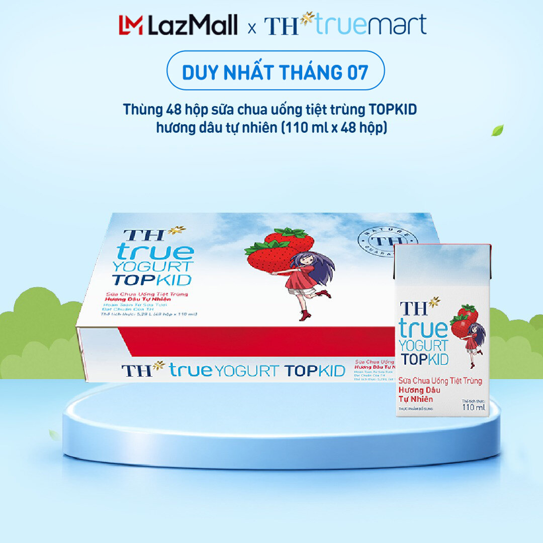 Thùng 48 hộp sữa chua uống tiệt trùng TH true YOGURT TOPKID hương dâu tự nhiên 110 ml (110 ml x 48)