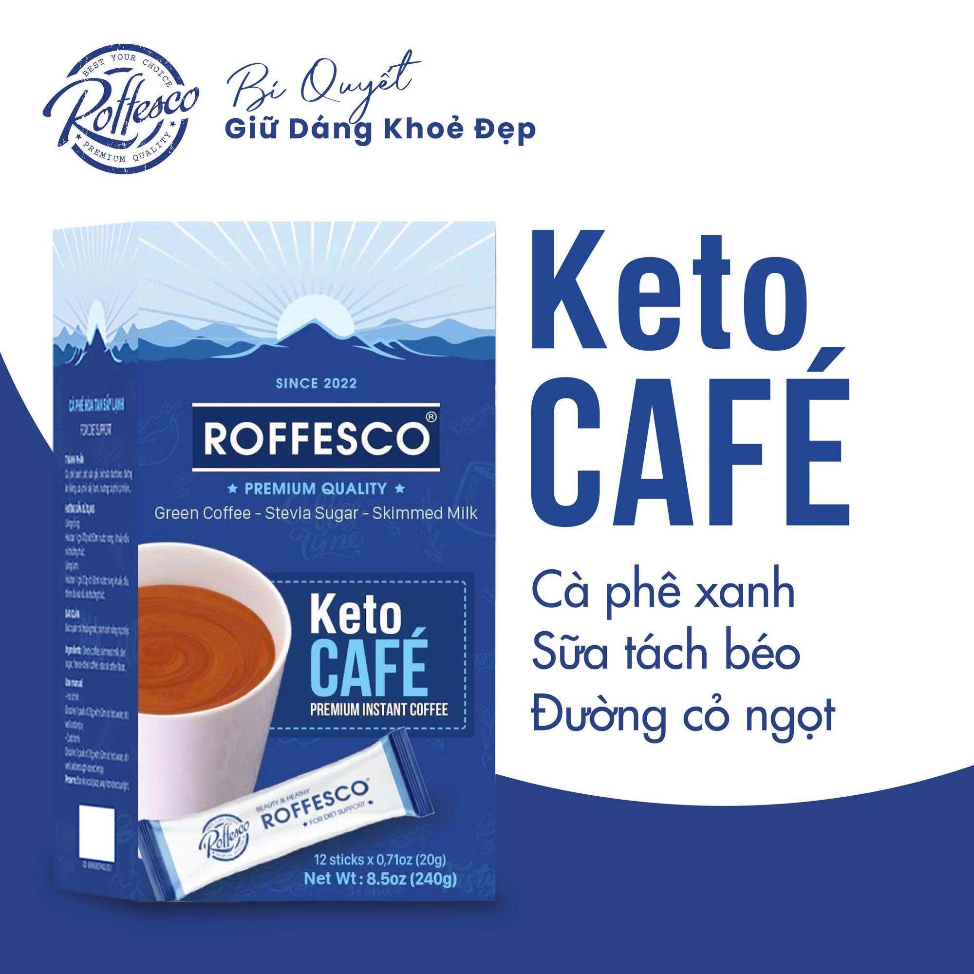 [ Phiên Bản Mới ] Keto Café - Cà Phê Cho Người Ăn Kiêng ROFFESCO Hộp 12 Gói 240g