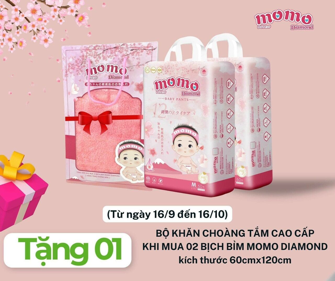 (Mẫu Mới) dán/quần MOMO DIAMOND ORGANIC S64/ M60/L54/XL50/XXL48/XXXL46 tinh chất hoa anh đào.
