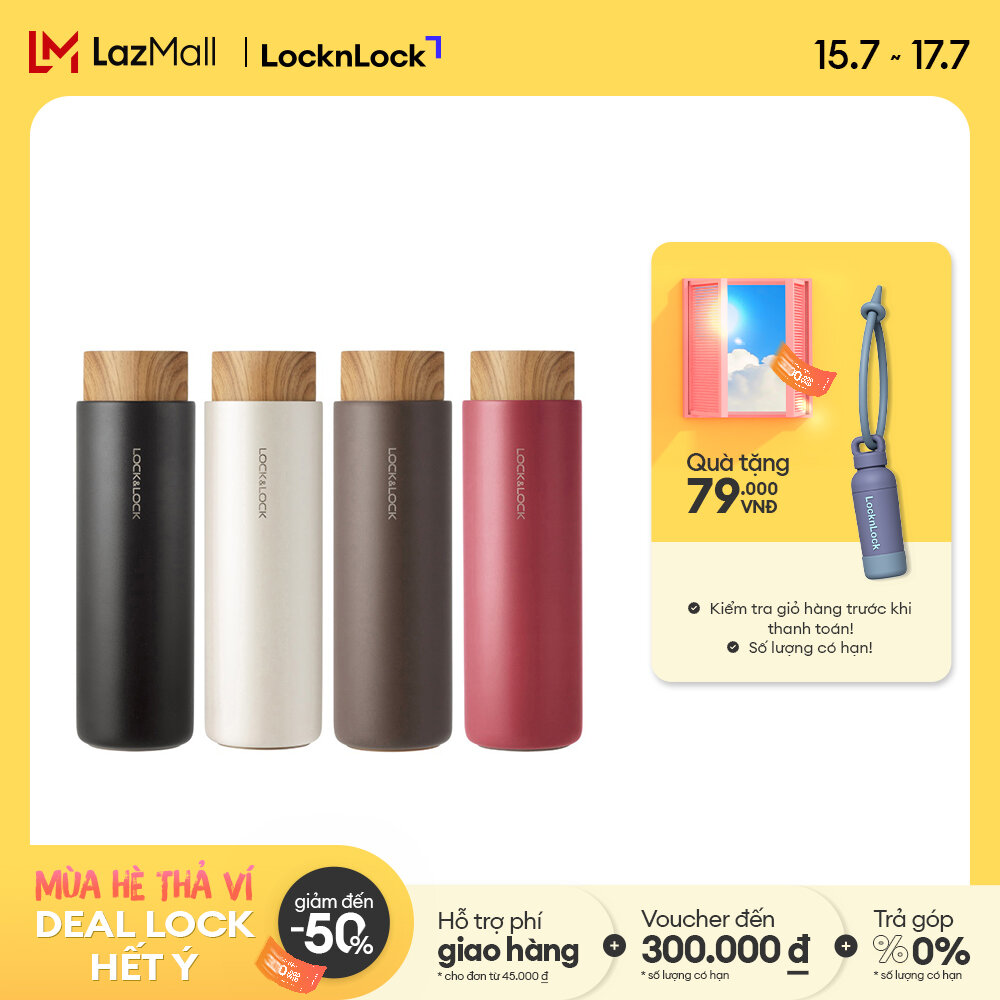 LHC4227 - Bình giữ nhiệt Lock&Lock Flat nắp nhựa kiểu gỗ 400ml - có lõi lọc trà, giữ giữ nhiệt cả ngày - Giới hạn 5 sản phẩm/khách hàng