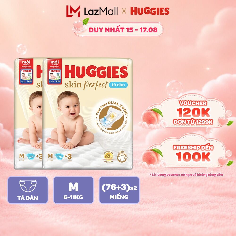 Combo 2 Tã/bỉm dánHuggies Skincare Super Jumbo M76+3/L68/XL60/XXL54