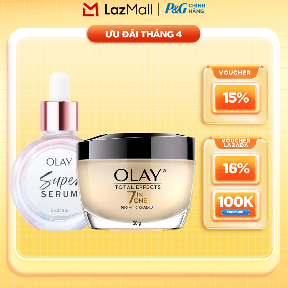 Combo 2 SUPER SERUM OLAY SỨC MẠNH TỪ 5 DƯỠNG CHẤT TRONG 1 - Chai 30ML Và Kem Dưỡng Ẩm OLAY TOTAL EFFECTS Ban Đêm 50G