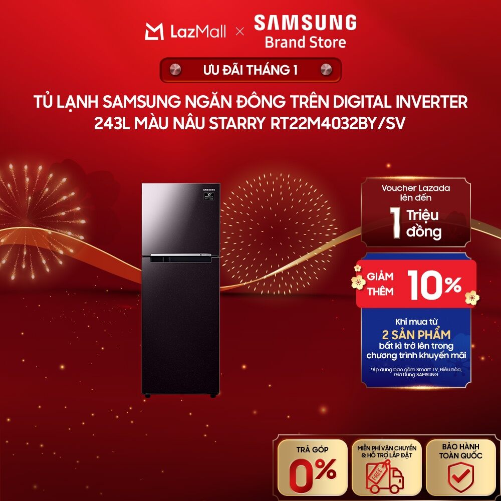   MIỄN PHÍ VẬN CHUYỂN  Tủ Lạnh Samsung Ngăn Đông Trên với Digital Inverter 243L màu Nâu Starry RT22M4032BY SV 