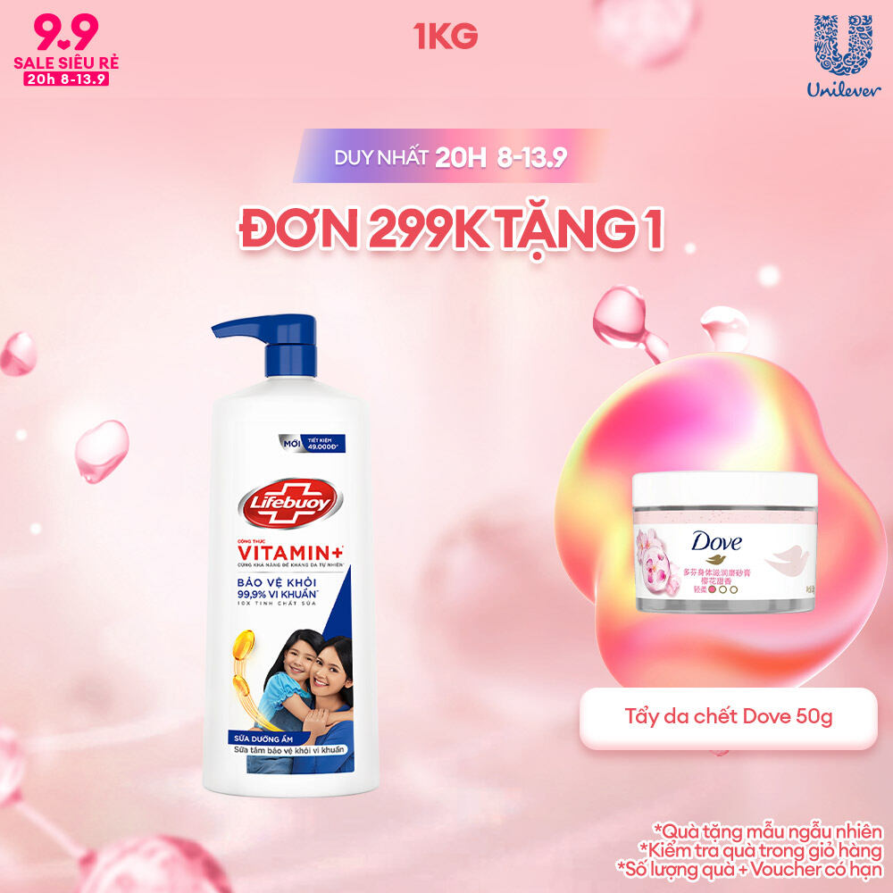 Sữa tắm Lifebuoy 1kg Chăm sóc da dưỡng ẩm mềm mịn giúp bảo vệ khỏi 99.9% vi khuẩn và ngăn ngừa vi kh