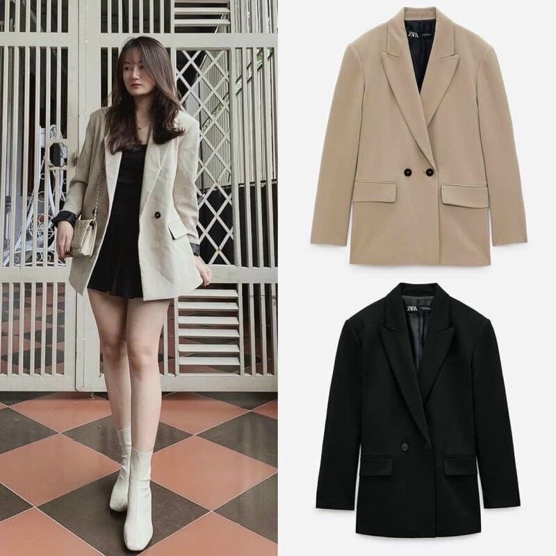 áo khoác blazer 2 màu đen và be cho nữ