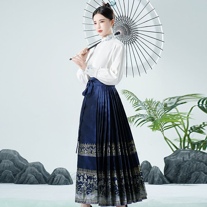 Hán Phục Phong Cách Trung Quốc Váy Ngựa Hoa Trang Điểm Dệt Vàng + Áo Sơ Mi Cổ Đứng Vạt Đối Xứng Dài Tay Cổ Đứng Bộ Hai Chiếc