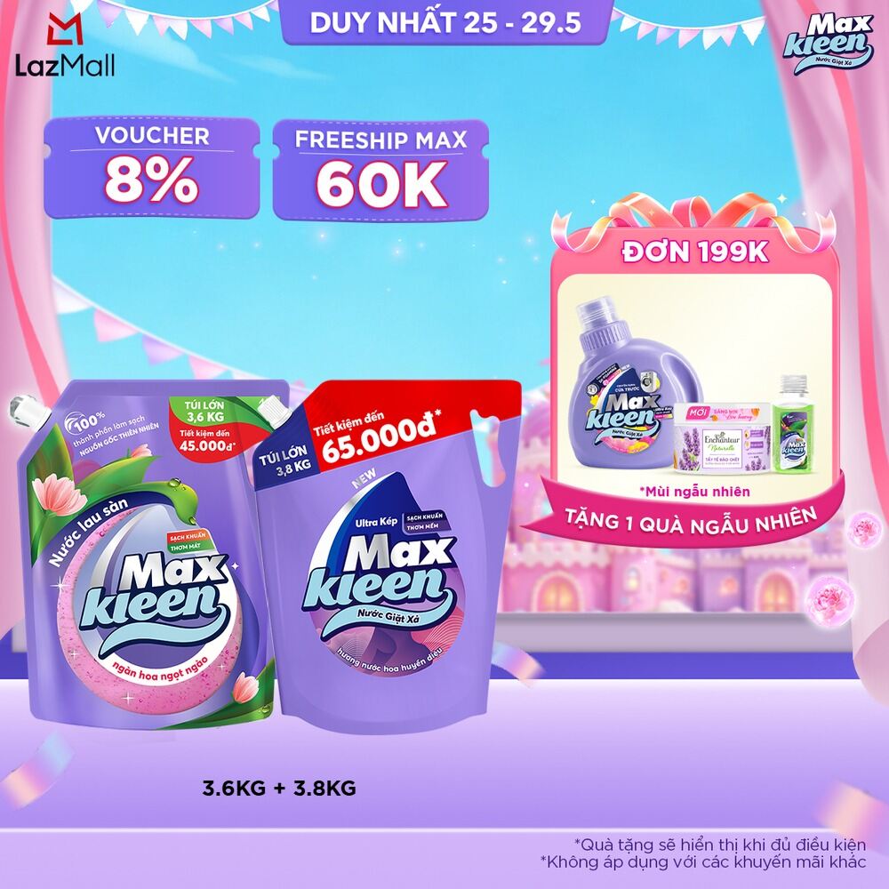 Combo Túi Nước Lau Sàn MaxKleen 3.6kg Ngàn hoa ngọt ngào + Túi Nước Giặt Xả MaxKleen 3.6kg/3.8kg (Hoa Nắng/Huyền Diêu/Vườn Sớm Mai/Thiên Nhiên)