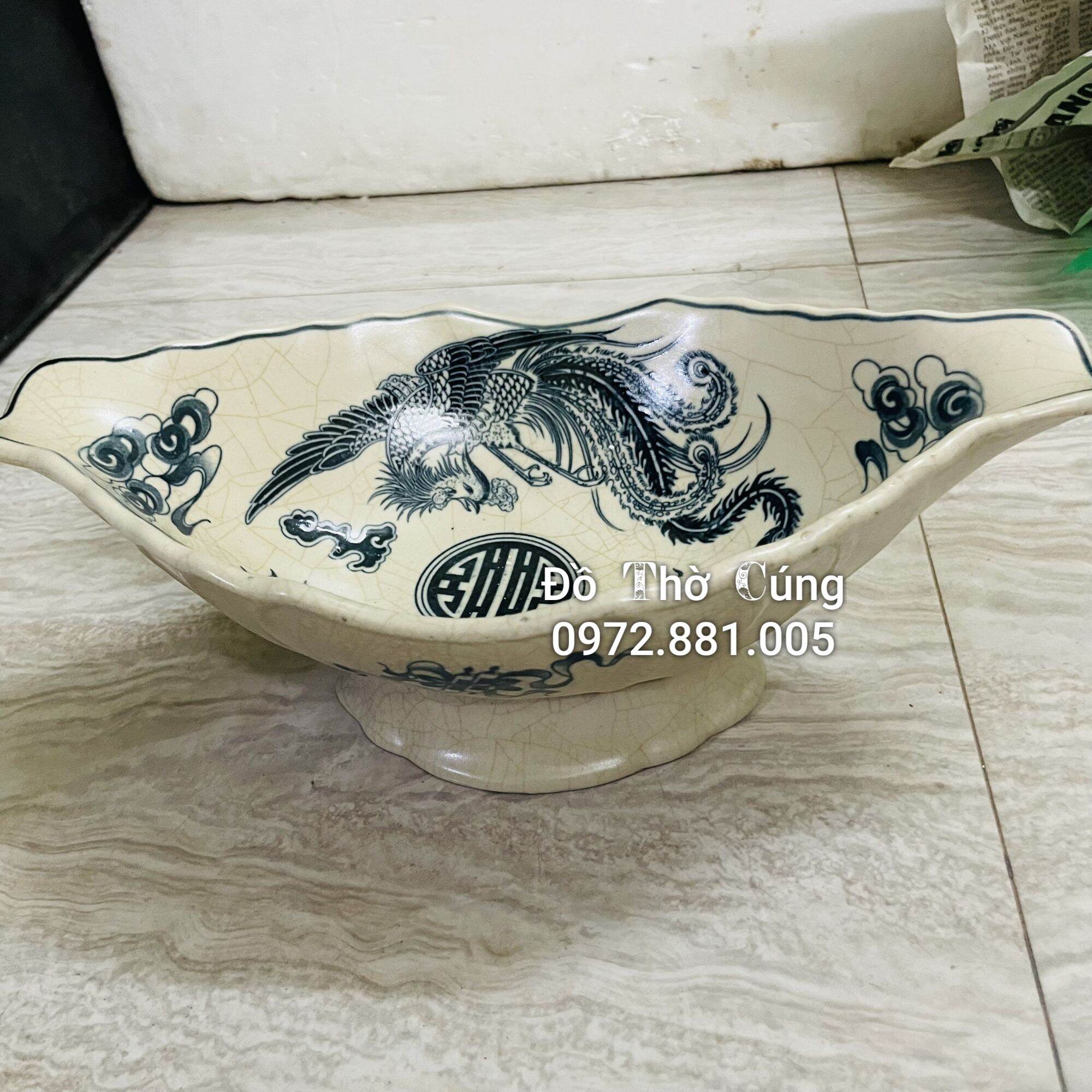 Bộ bát đĩa bày cơm cúng hoa mặt trời men rạn Đen